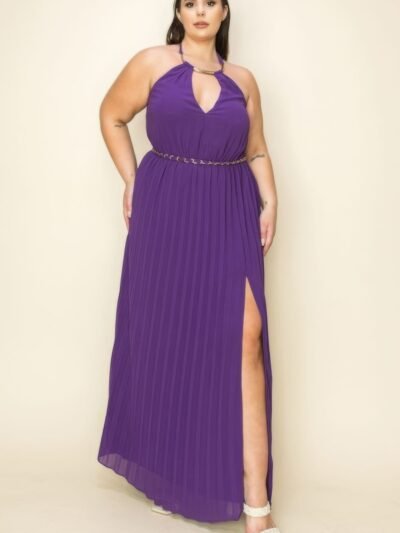 Chiffon Pleated Gold Trim Neck & Belt Cut Out Chest Maxi Dress