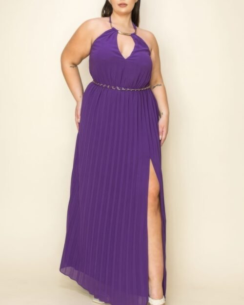 chiffon pleated gold trim neck & belt cut out chest maxi dress