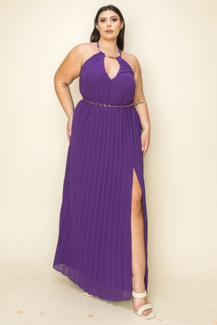 Chiffon pleated gold trim neck & belt cut out chest maxi dress