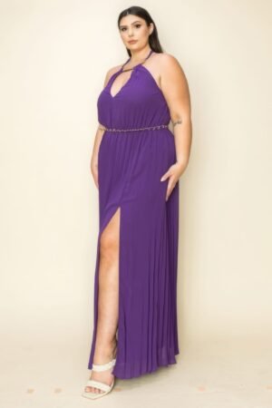 Chiffon Pleated Gold Trim Neck & Belt Cut Out Chest Maxi Dress Chiffon Pleated Gold Trim Neck & Belt Cut Out Chest Maxi Dress