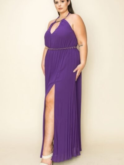 Chiffon Pleated Gold Trim Neck & Belt Cut Out Chest Maxi Dress