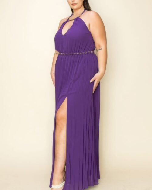 chiffon pleated gold trim neck & belt cut out chest maxi dress