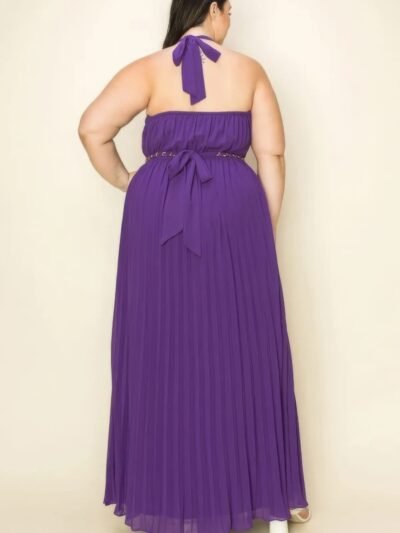 Chiffon Pleated Gold Trim Neck & Belt Cut Out Chest Maxi Dress
