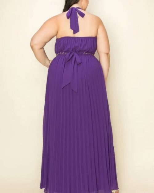 chiffon pleated gold trim neck & belt cut out chest maxi dress