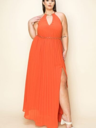 Chiffon Pleated Gold Trim Neck & Belt Cut Out Chest Maxi Dress