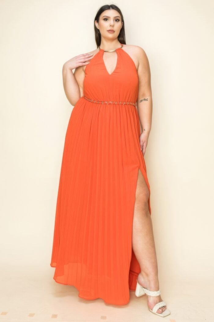 Chiffon pleated gold trim neck & belt cut out chest maxi dress