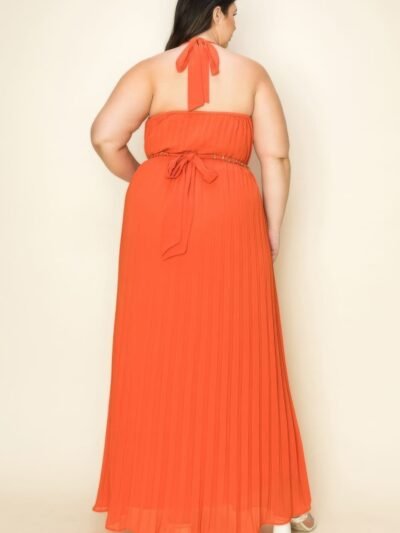 Chiffon Pleated Gold Trim Neck & Belt Cut Out Chest Maxi Dress