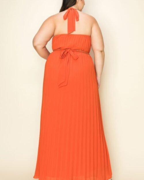 chiffon pleated gold trim neck & belt cut out chest maxi dress