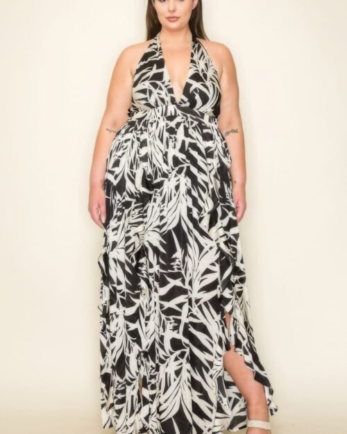 crinkle satin printed halter ruffled detail smocked waist slit frt maxi dress