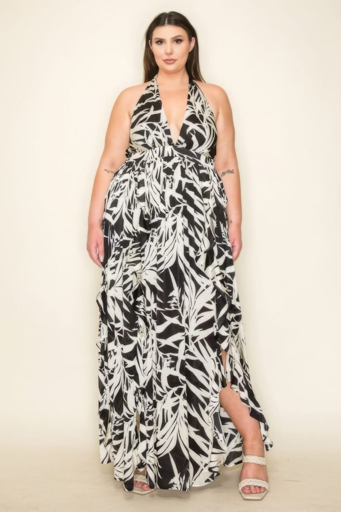 Crinkle satin printed halter ruffled detail smocked waist slit frt maxi dress