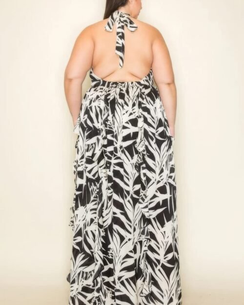 crinkle satin printed halter ruffled detail smocked waist slit frt maxi dress