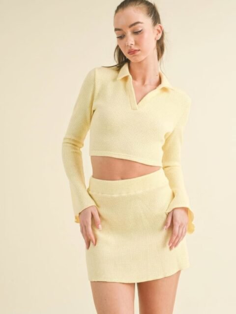 Waffle Knit Bell Sleeve Top And Skirt Set
