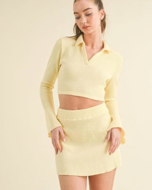 Waffle Knit Bell Sleeve Top And Skirt Set