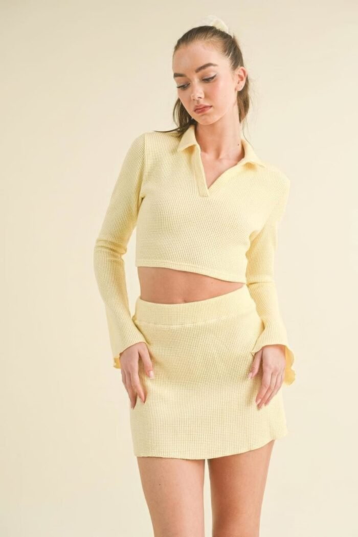 Waffle knit bell sleeve top and skirt set