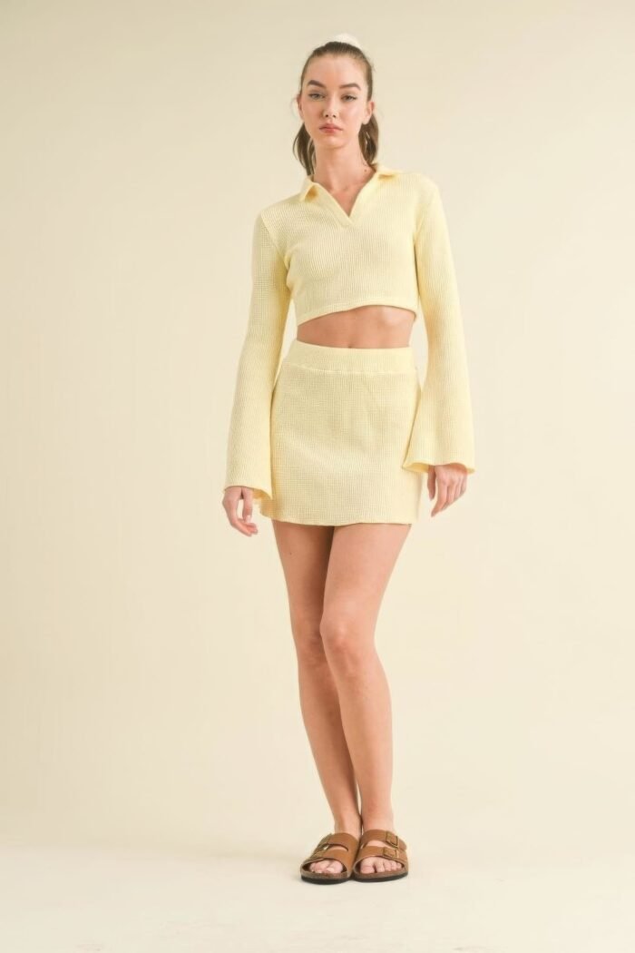 Waffle knit bell sleeve top and skirt set