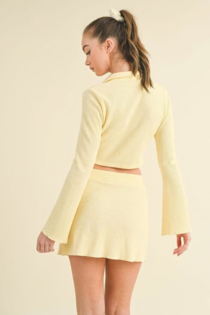 Waffle knit bell sleeve top and skirt set