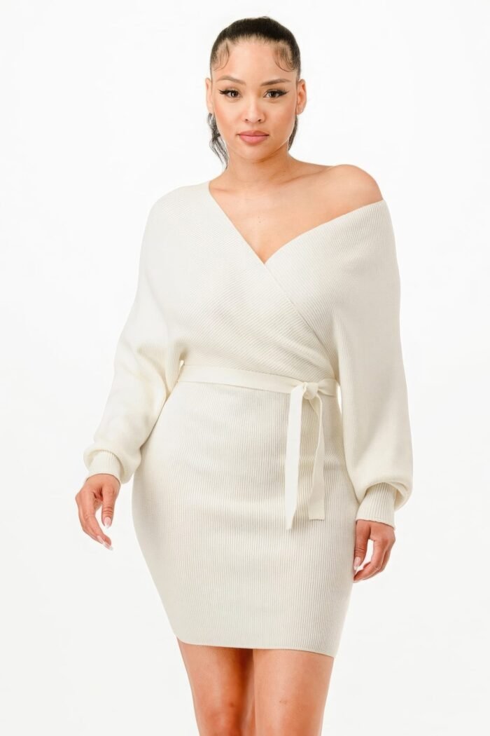 Off shoulder wrap belted ribbed sweather dress