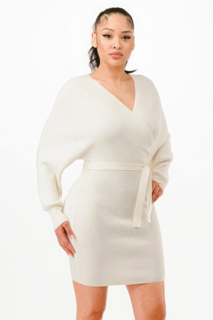 Off shoulder wrap belted ribbed sweather dress