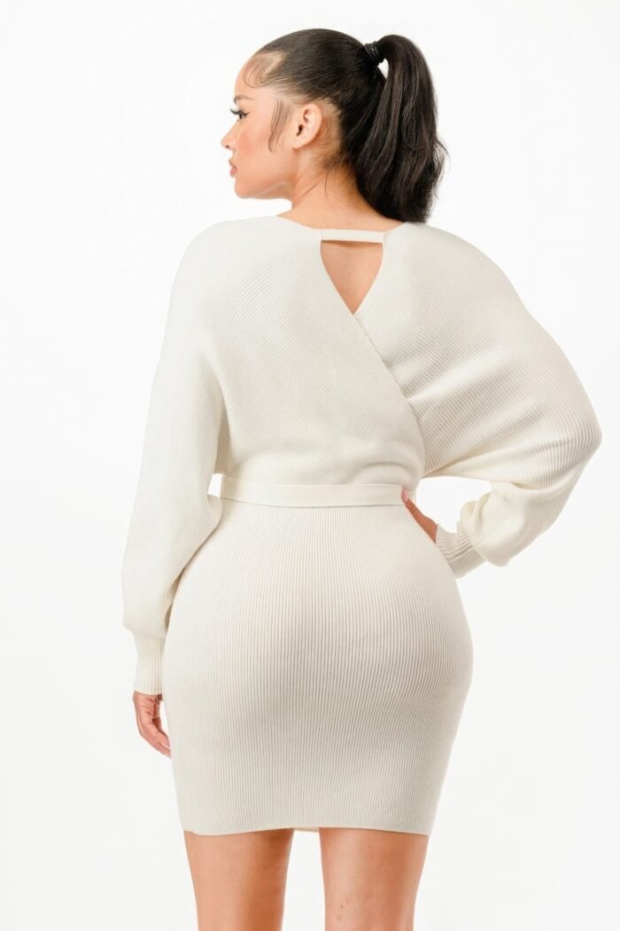Off shoulder wrap belted ribbed sweather dress