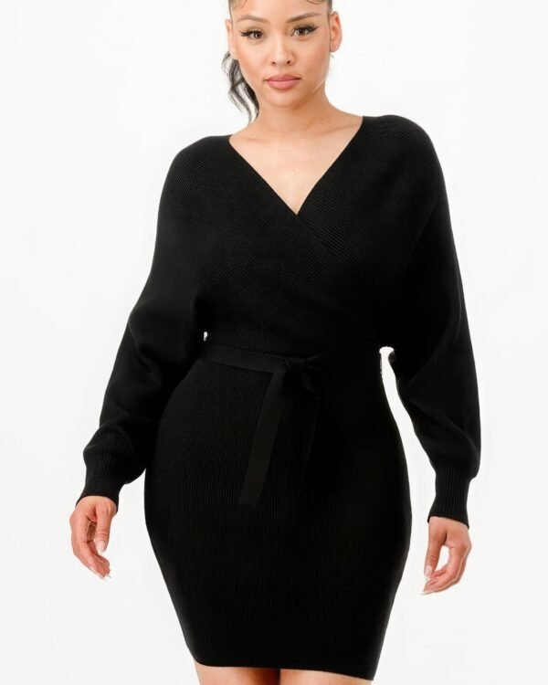 Off Shoulder Wrap Belted Ribbed Sweather Dress
