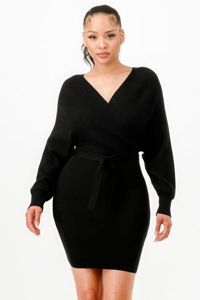 Off shoulder wrap belted ribbed sweather dress
