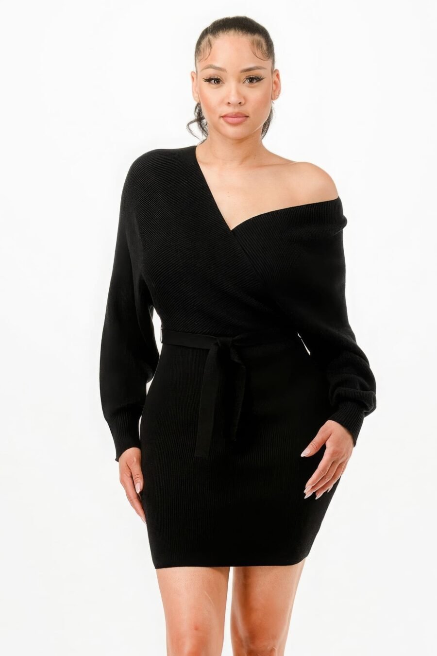 Off shoulder wrap belted ribbed sweather dress