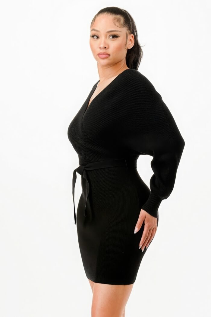 Off shoulder wrap belted ribbed sweather dress