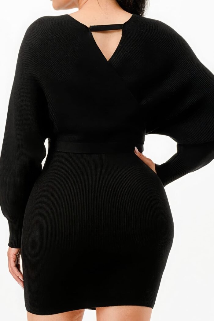 Off shoulder wrap belted ribbed sweather dress