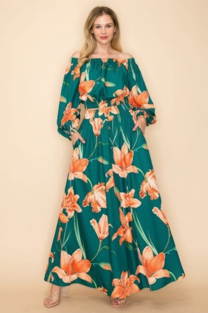 Off Shoulder Top and Wide Pants Set in green with elastic neckline and high-waisted wide-leg pants for women