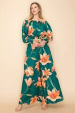 Off Shoulder Top and Wide Pants Set in green with elastic neckline and high-waisted wide-leg pants for women