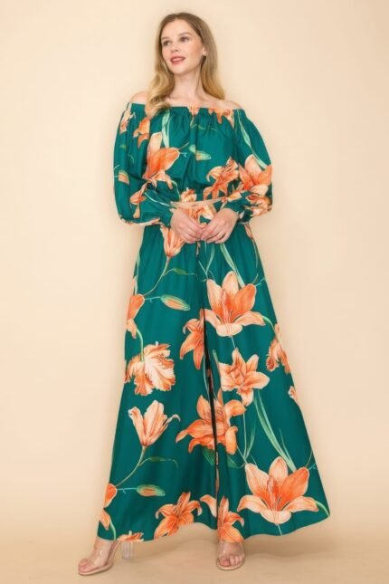 Off Shoulder Top and Wide Pants Set in green with elastic neckline and high-waisted wide-leg pants for women