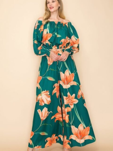 Off Shoulder Top and Wide Pants Set in green with elastic neckline and high-waisted wide-leg pants for women