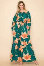 Off Shoulder Top and Wide Pants Set in green with elastic neckline and high-waisted wide-leg pants for women