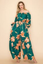 Off Shoulder Top and Wide Pants Set in green with elastic neckline and high-waisted wide-leg pants for women