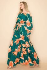 Off Shoulder Top and Wide Pants Set in green with elastic neckline and high-waisted wide-leg pants for women