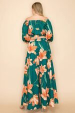 Off Shoulder Top and Wide Pants Set in green with elastic neckline and high-waisted wide-leg pants for women