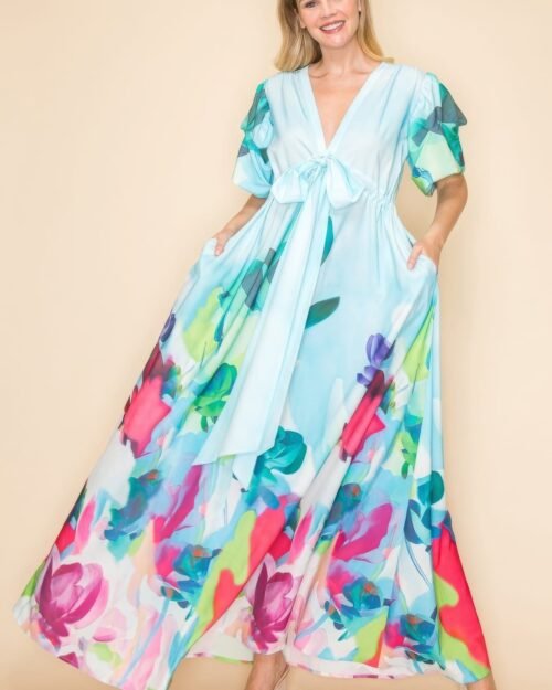 Printed V Neck Maxi Dress with self-tie waist, V-neckline, and practical pockets.