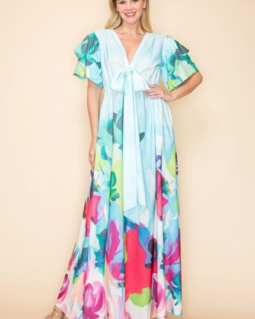printed v neck maxi dress with self-tie waist, v-neckline, and practical pockets.
