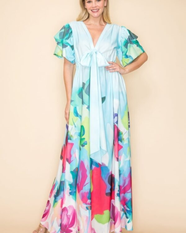 Printed V Neck Maxi Dress with self-tie waist, V-neckline, and practical pockets.