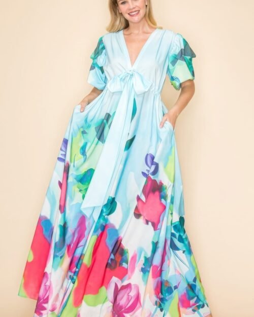printed v neck maxi dress with self-tie waist, v-neckline, and practical pockets.