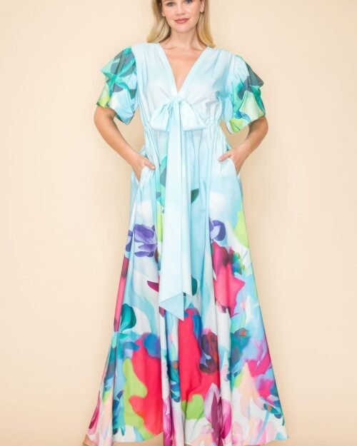 printed v neck maxi dress with self-tie waist, v-neckline, and practical pockets.