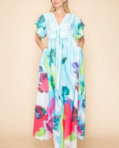 printed v neck maxi dress with self-tie waist, v-neckline, and practical pockets.