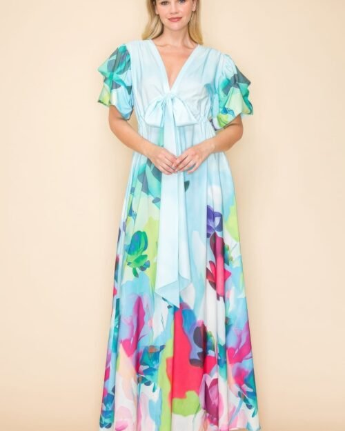 printed v neck maxi dress with self-tie waist, v-neckline, and practical pockets.