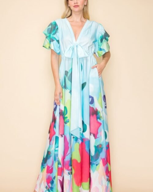 printed v neck maxi dress with self-tie waist, v-neckline, and practical pockets.