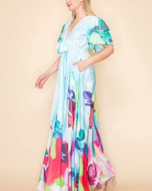 printed v neck maxi dress with self-tie waist, v-neckline, and practical pockets.
