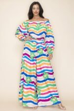 Chic Off Shoulder & Wide Pants Set in multi-colored print with elastic neckline and high-waisted wide pants