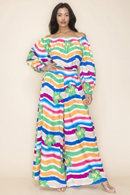 Chic Off Shoulder & Wide Pants Set in multi-colored print with elastic neckline and high-waisted wide pants