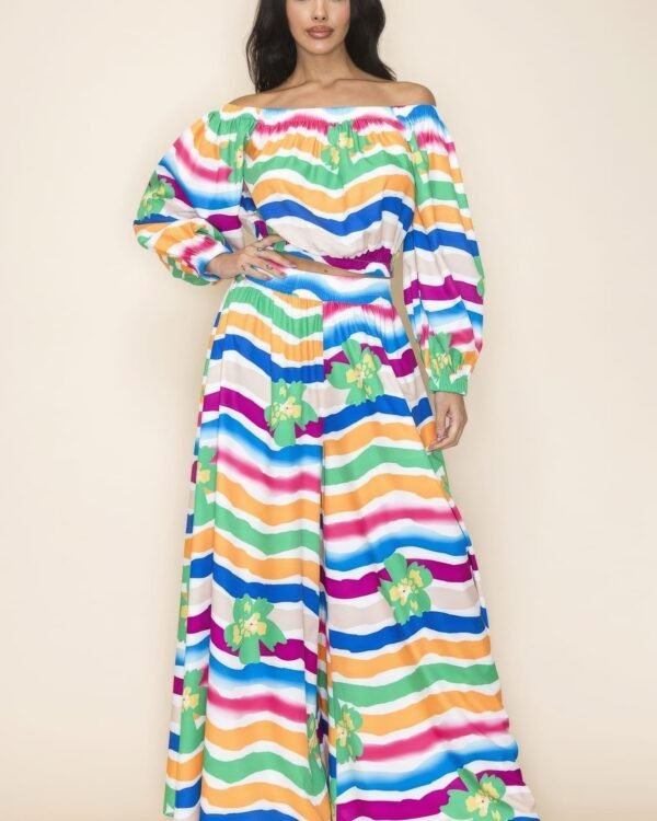 Chic Off Shoulder & Wide Pants Set in multi-colored print with elastic neckline and high-waisted wide pants