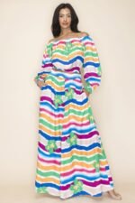 Chic Off Shoulder & Wide Pants Set in multi-colored print with elastic neckline and high-waisted wide pants