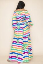 Chic Off Shoulder & Wide Pants Set in multi-colored print with elastic neckline and high-waisted wide pants